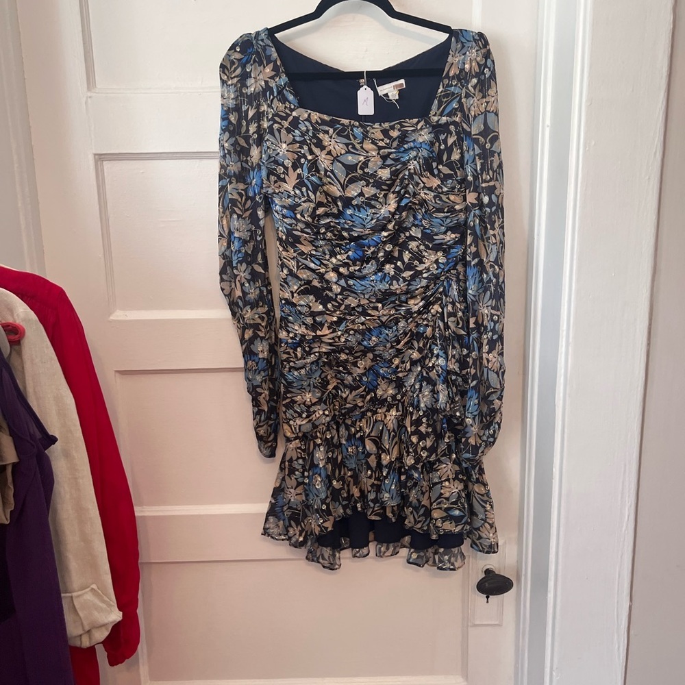 Monique Lhuillier Blue and Cream Floral Long Sleeve Dress - Picture 4 of 6